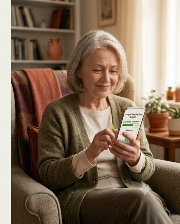 An older woman smiling at her phone while learning, a moment of success