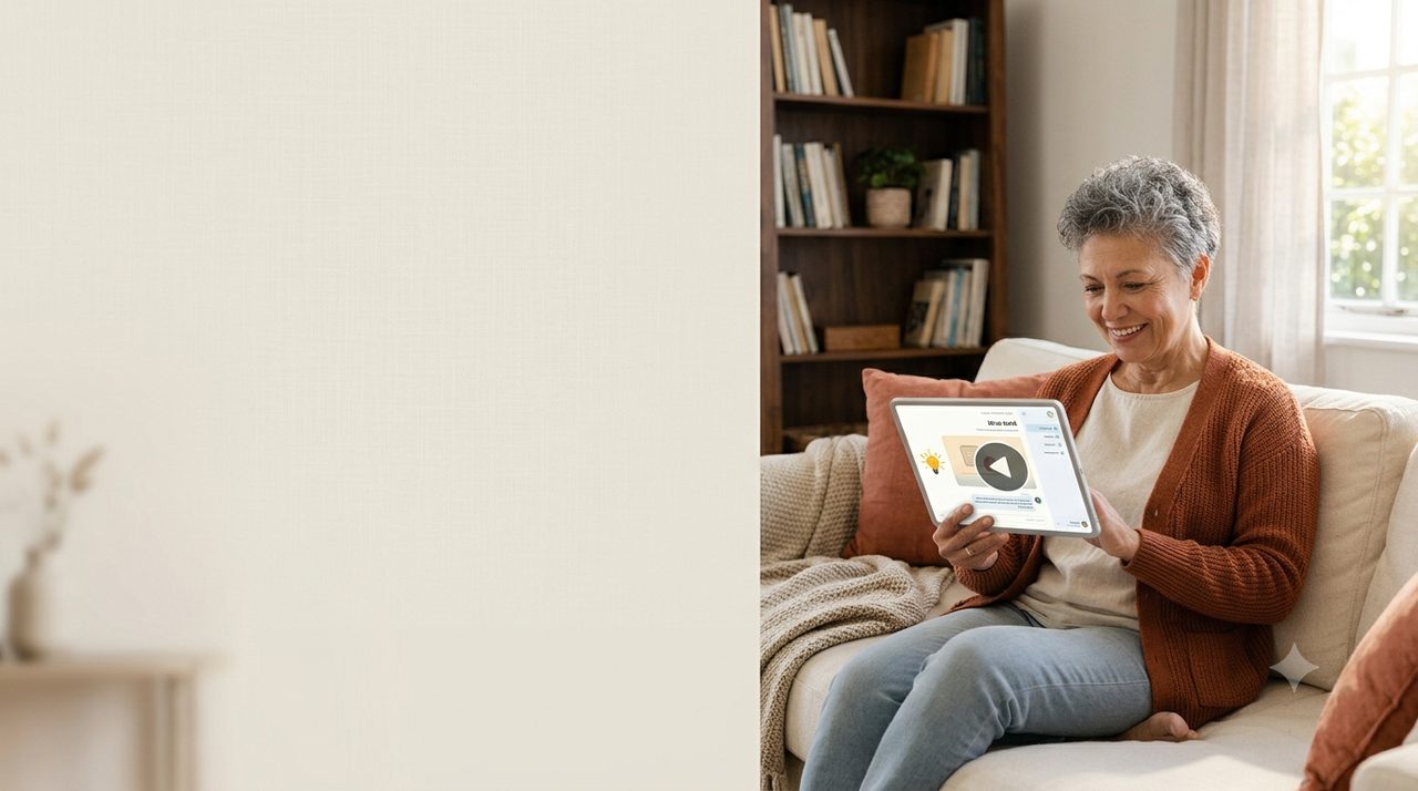 A woman learning comfortably on a tablet on the couch, a short lesson on the screen