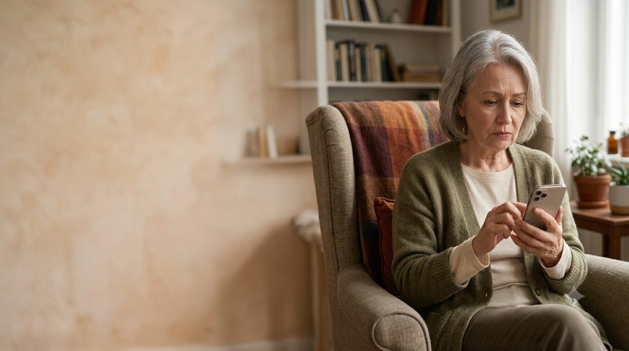 An older woman looking at her phone with a puzzled expression, feeling left behind